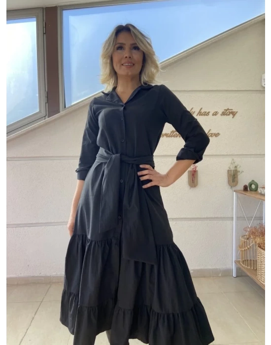 Kadın Uzun Kollu Eteği Fırfırlı Beli Kuşaklı Trikoton Tam Boy Gömlek Elbise