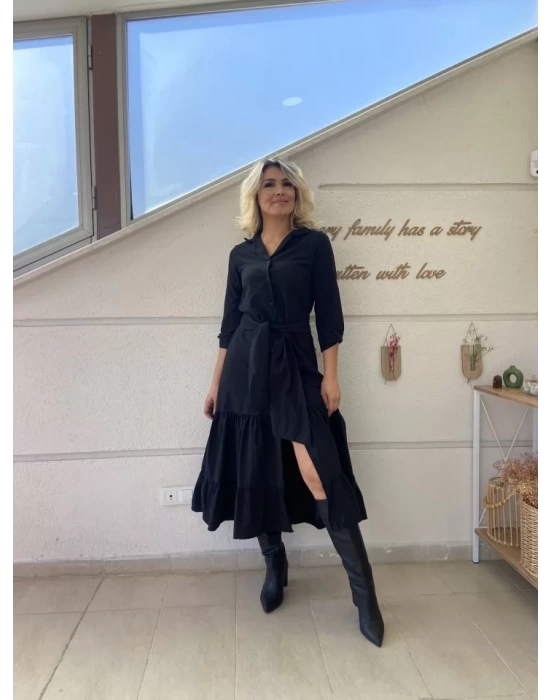 Kadın Uzun Kollu Eteği Fırfırlı Beli Kuşaklı Trikoton Tam Boy Gömlek Elbise