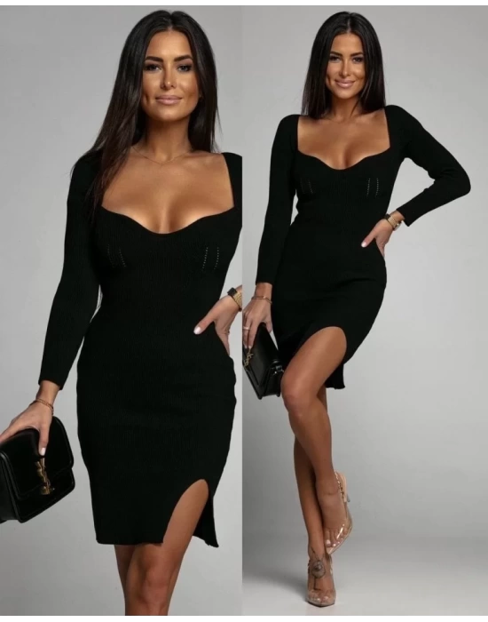 Kadın Uzun Kollu Geniş Yaka Yırtmaç Detay Mini Boy Triko Elbise