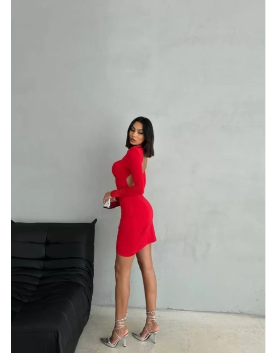 Kadın Uzun Kollu Göğüs Ve Sırt Dekolteli Kruvaze Etek Detay Fırsat ürün Mini Elbise