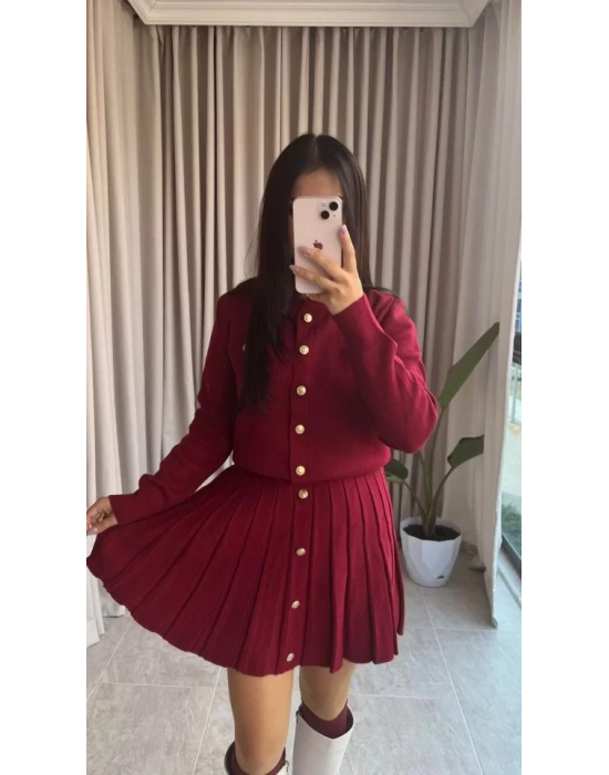 Kadın Uzun Kollu Gold Düğme Detay Yelek Ve Pileli Mini Etek Ikili Takım