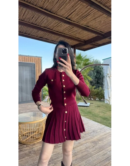 Kadın Uzun Kollu Gold Düğme Detay Yelek Ve Pileli Mini Etek Ikili Takım