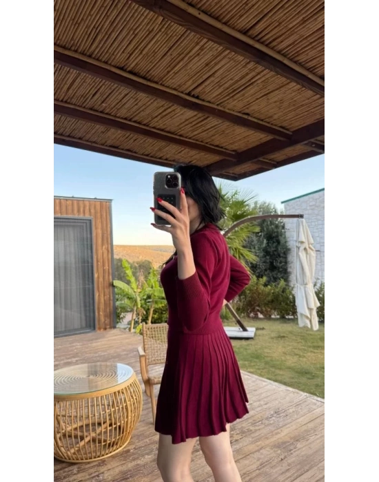Kadın Uzun Kollu Gold Düğme Detay Yelek Ve Pileli Mini Etek Ikili Takım