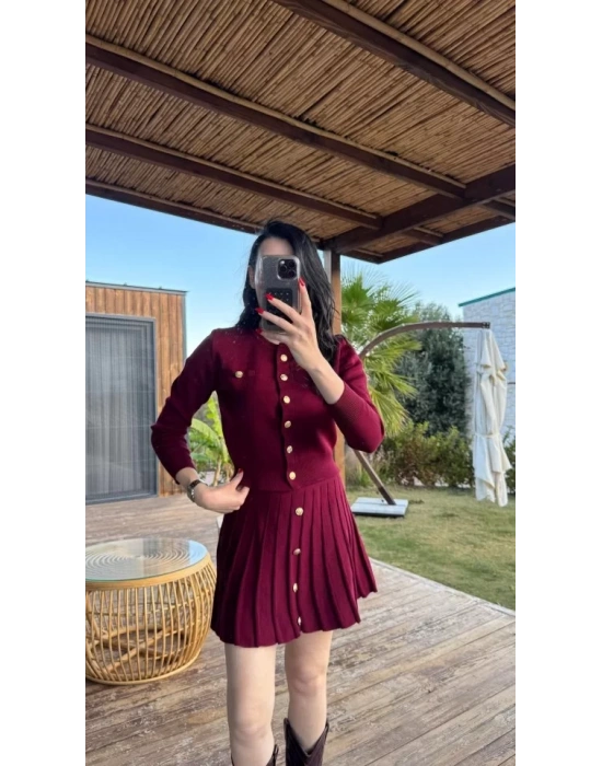 Kadın Uzun Kollu Gold Düğme Detay Yelek Ve Pileli Mini Etek Ikili Takım