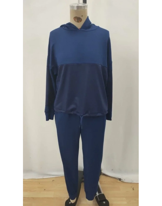 bysoca Kadın Kapüşonlu Renk Bloklu Sweatshirt Paçası Lastikli Cepli Jogger Eşofman Takım - Lacivert