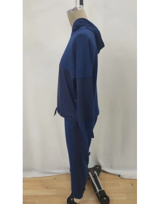 bysoca Kadın Kapüşonlu Renk Bloklu Sweatshirt Paçası Lastikli Cepli Jogger Eşofman Takım - Lacivert