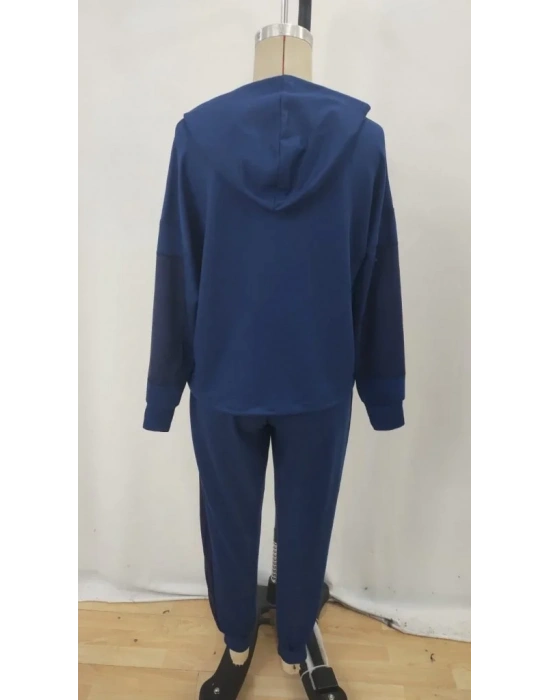 bysoca Kadın Kapüşonlu Renk Bloklu Sweatshirt Paçası Lastikli Cepli Jogger Eşofman Takım - Lacivert