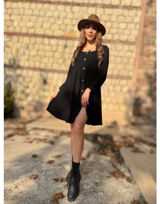 Kadın Uzun Kollu Kare Yaka önden Düğmeli Midi şardonlu Kaşkorse Elbise