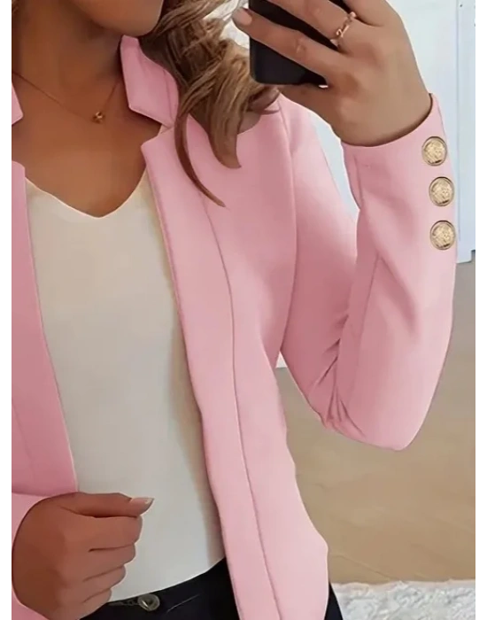 bysoca Kadın Dik Yaka Önü Açık Manşetleri Düğmeli Vücudu Saran Krep Kumaş Ceket - Pembe