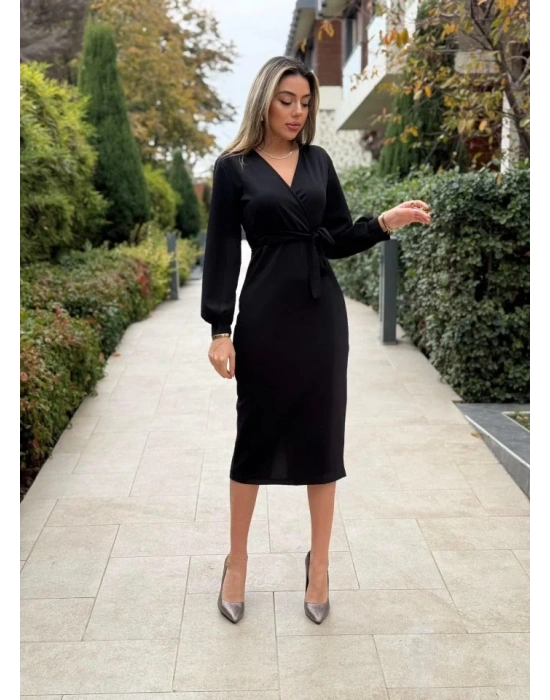 Kadın Uzun Kollu Kruvaze Yaka Belden Kuşaklı Midi Ithal Krep Elbise