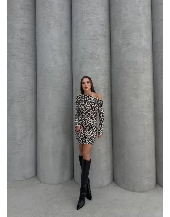 Kadın Uzun Kollu Leopar Desen Omuz Dekolteli Mini Elbise