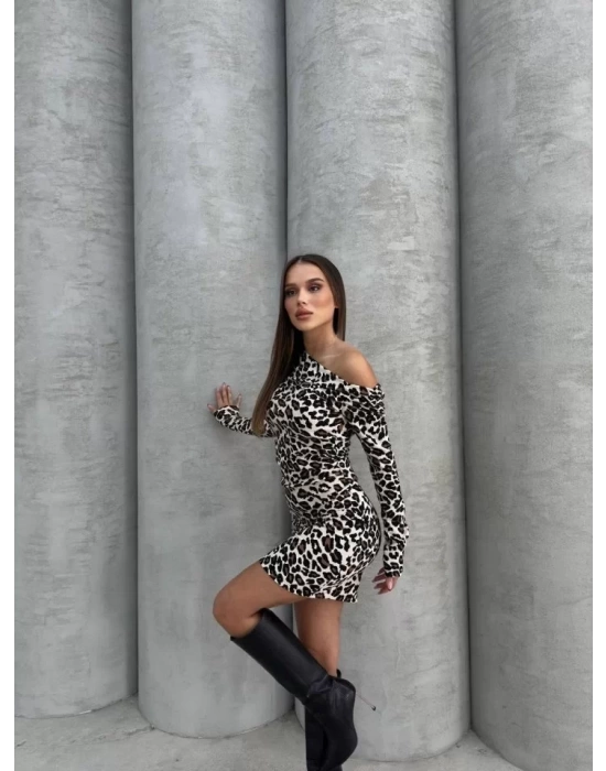 Kadın Uzun Kollu Leopar Desen Omuz Dekolteli Mini Elbise