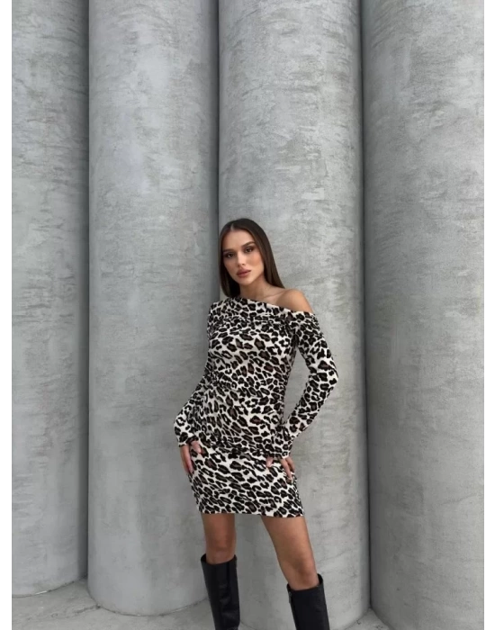 Kadın Uzun Kollu Leopar Desen Omuz Dekolteli Mini Elbise