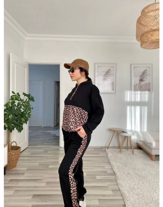 Kadın Uzun Kollu Leopar Detay Sweat Ve Yanı Leopar şerit Detay Pantolon Ikili Takım