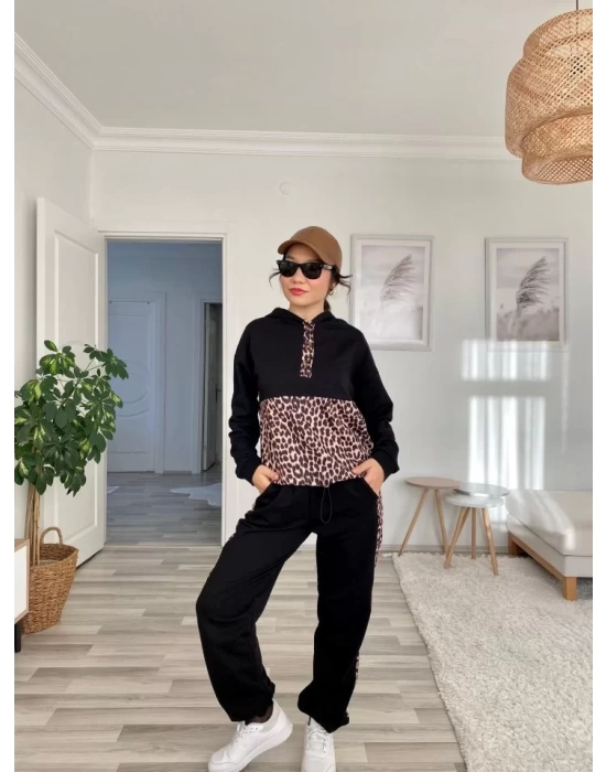 Kadın Uzun Kollu Leopar Detay Sweat Ve Yanı Leopar şerit Detay Pantolon Ikili Takım