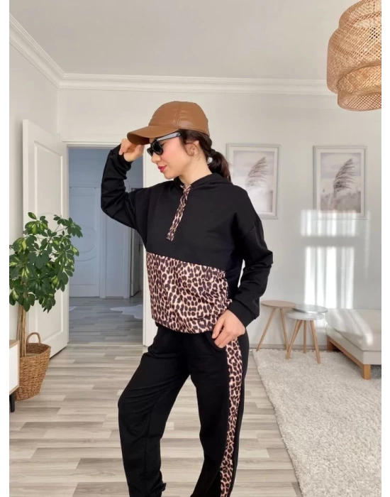 Kadın Uzun Kollu Leopar Detay Sweat Ve Yanı Leopar şerit Detay Pantolon Ikili Takım
