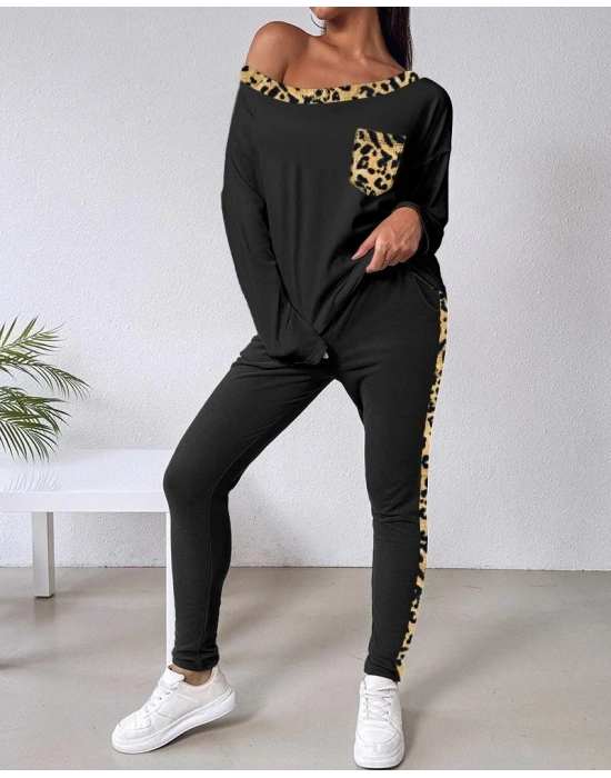bysoca Kadın Kayık Yaka Leopar Desenli Düşük Omuzlu Sweatshirt ve Jogger Eşofman İkili Takım - Siyah