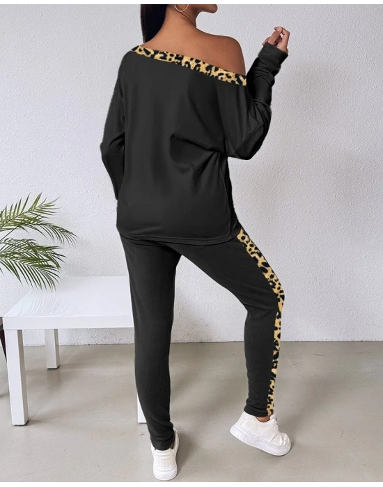 bysoca Kadın Kayık Yaka Leopar Desenli Düşük Omuzlu Sweatshirt ve Jogger Eşofman İkili Takım - Siyah
