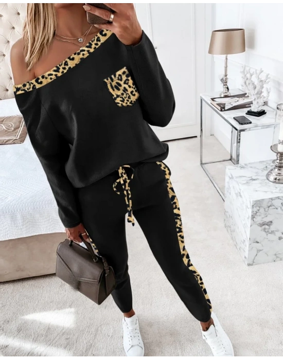 bysoca Kadın Kayık Yaka Leopar Desenli Düşük Omuzlu Sweatshirt ve Jogger Eşofman İkili Takım - Siyah