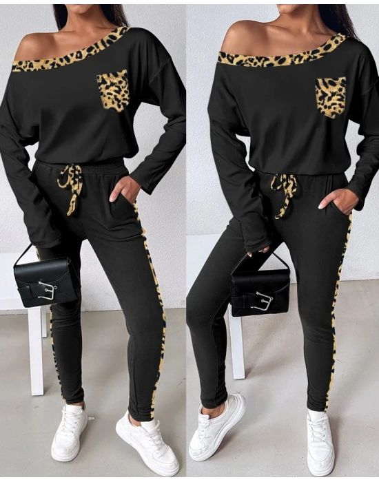 bysoca Kadın Kayık Yaka Leopar Desenli Düşük Omuzlu Sweatshirt ve Jogger Eşofman İkili Takım - Siyah