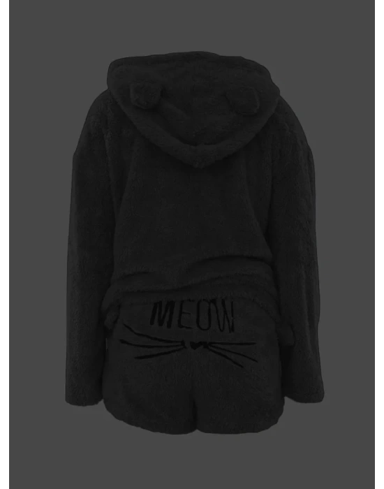 Kadın Uzun Kollu Meow Kedi Nakışlı Kapşonlu Peluş Sweat Ve Short Ikili Takım