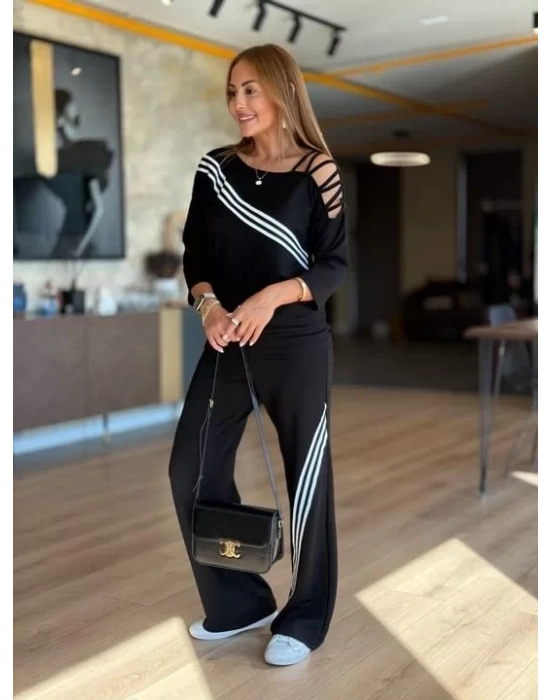 Kadın Uzun Kollu Omuz Dekolteli çapraz Ribana Detay Bluz Ve Pantolon Ikili Takım