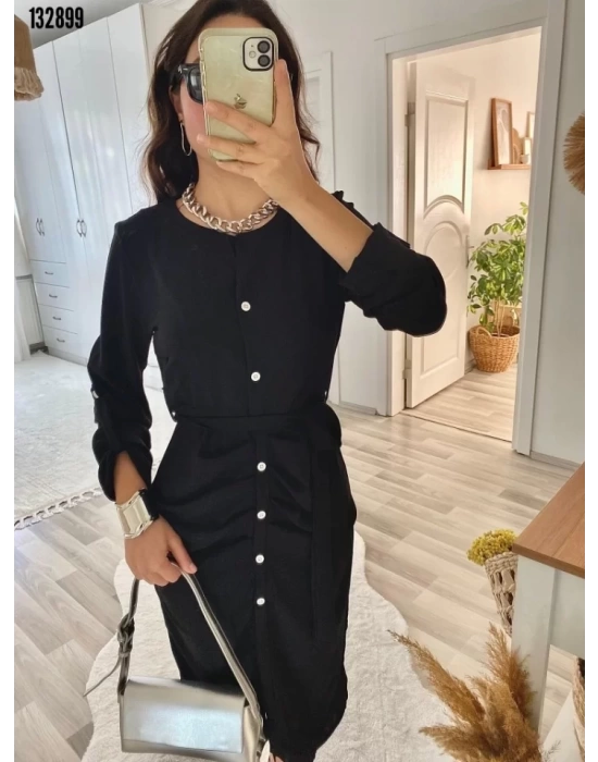 bysoca Kadın Günlük Sandy Kumaş Drabe Yaka Belinde Tül Detaylı Midi Boy Elbise - Kahve