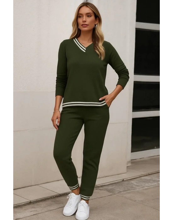 bysoca Kadın Uzun Kollu V Yaka Ribana Detaylı Bluz ve Cepli Jogger Pantolon İkili Takım - Haki