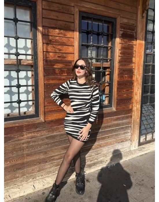 Kadın Uzun Kollu Siyah Beyaz Zebra Desen Triko Elbise
