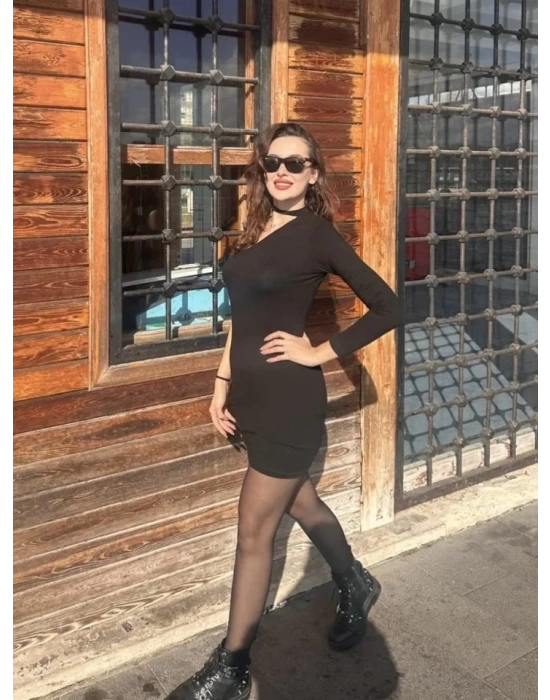 Kadın Uzun Kollu Tek Omuz Ve Kol Açık Detay Viskon Mini Boy Elbise