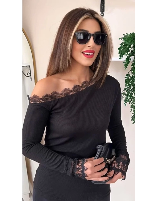 Kadın Uzun Kollu Tek Omuzu Açık Dantelli Burgu Bluz