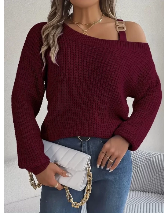 Kadın Uzun Kollu Tek Omuzu Açık Tokalı Triko Bluz