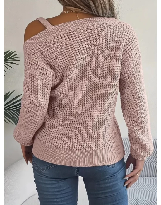Kadın Uzun Kollu Tek Omuzu Açık Tokalı Triko Bluz