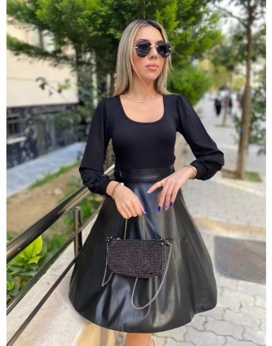 Kadın Uzun Kollu üst Viskon Alt Kloş Deri Elbise