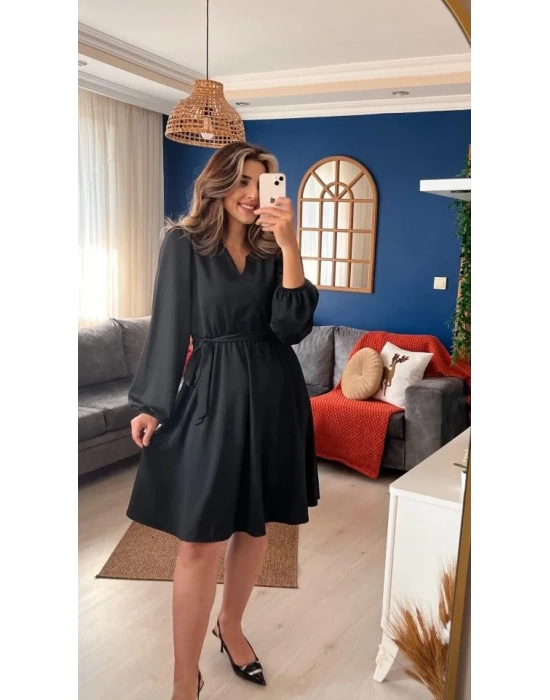 Kadın Uzun Kollu V Yakalı Belden Kuşaklı Kiloş Krep Elbise