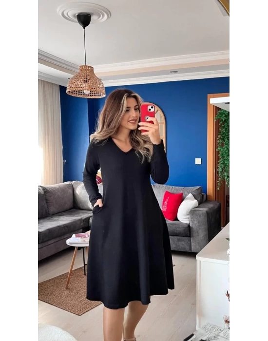 Kadın Uzun Kollu V Yakalı Salaş Midi Iki Iplik Elbise