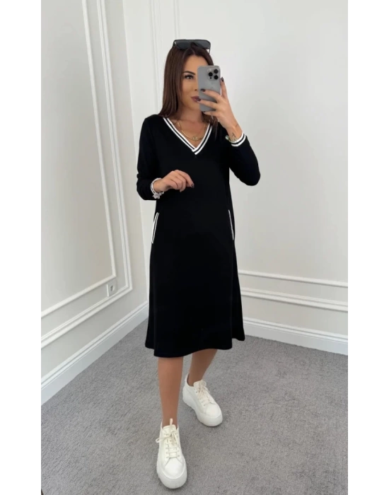 Kadın Uzun Kollu V Yakalı şerit Detaylı Cepli Midi Viskon Iki Iplik Elbise