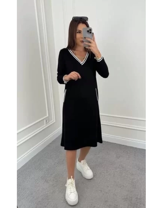 Kadın Uzun Kollu V Yakalı şerit Detaylı Cepli Midi Viskon Iki Iplik Elbise