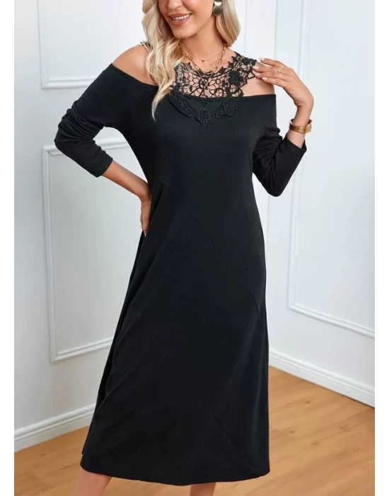 Kadın Uzun Kollu Yaka önü Güpürlü Madonna Yaka Viskon Midi Boy Elbise