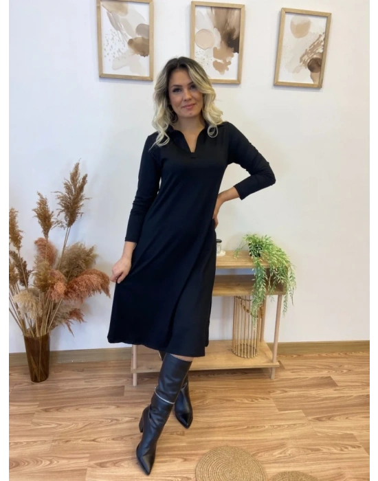 bysoca Kadın Uzun Kollu Polo Yaka Beli Oturtmalı Kloş Etek İki İplik Viskon Midi Boy Elbise - Siyah