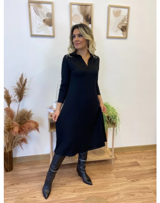 bysoca Kadın Uzun Kollu Polo Yaka Beli Oturtmalı Kloş Etek İki İplik Viskon Midi Boy Elbise - Siyah