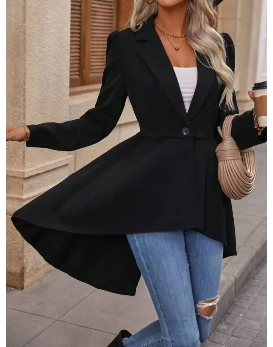 Kadın Uzun Kollu Yakalı önden Düğmeli Uzun Atlas Blazer Ceket