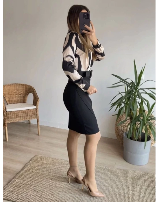Kadın Uzun Kollu Yakalı üst Dalgıç Eteği Krep Kemerli Elbise