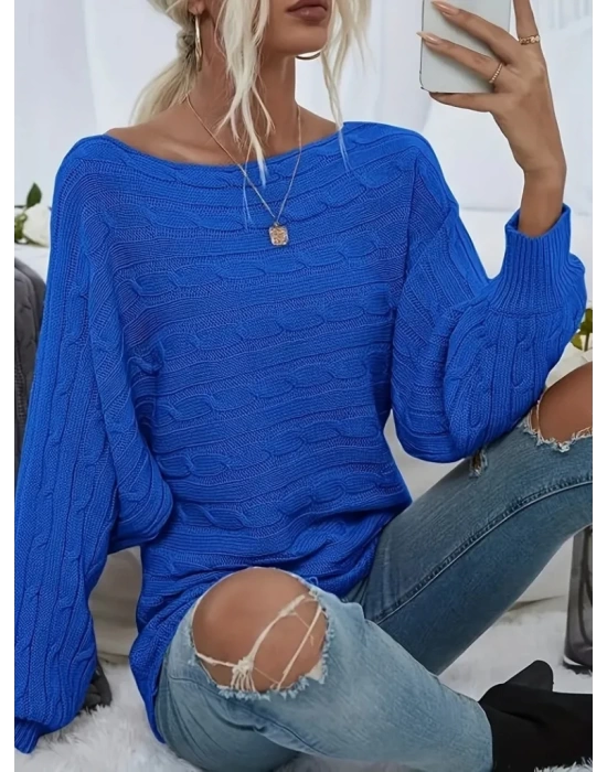 Kadın Uzun Kollu Yakası Açık Saç örgü Desenli Triko Bluz