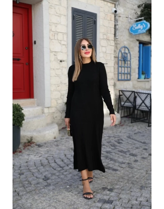 Kadın Uzun Kollu Yarı Balıkçı Yaka Arkadan Pencere Detaylı Bağcıklı Midi Triko Elbise