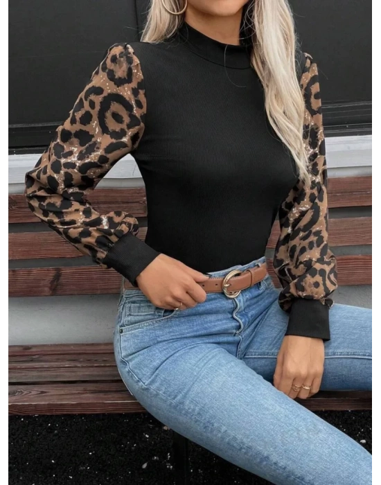 Kadın Uzun Kollu Yarı Balıkçı Yaka Leopar Detaylı Kaşkorse Bluz