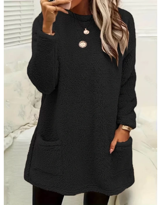 Kadın Uzun Kollu Yuvarlak Yakalı Cepli Peluş Bluz