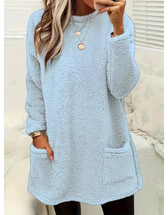 Kadın Uzun Kollu Yuvarlak Yakalı Cepli Peluş Bluz