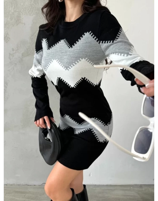 Kadın Uzun Kollu Zigzag Desen Triko Elbise