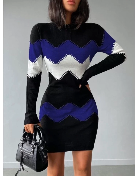 Kadın Uzun Kollu Zigzag Desen Triko Elbise
